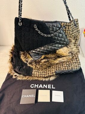CHANEL Quilted Calfskin Leather and Karl's Cabas Fantasy Fur Tote Bag